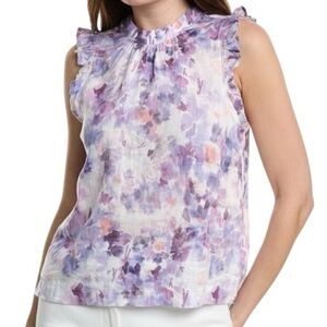 NWT BELLA DAHL Printed Ruffle Sleeveless Mock Neck Button Back Top Size Large